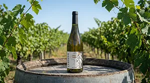 Bouteille de vin posée sur un tonneau au cœur d'un vignoble