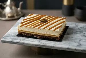 Gâteau pâtissier posé sur marbre en ambiance culinaire raffinée