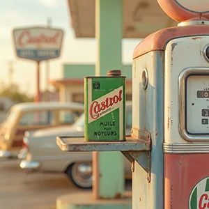 Bidon d'huile rétro posé sur une pompe à essence vintage