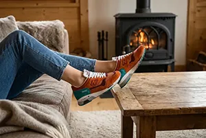 Sneakers portées en intérieur dans une ambiance cosy près d'un poêle