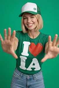 Femme souriante avec t-shirt I love IA sur fond vert
