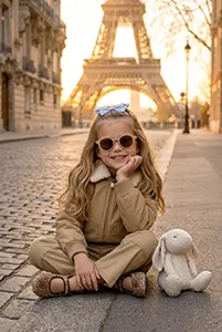 Enfant assise devant la tour Eiffel en ambiance parisienne