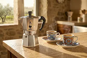 Cafetière italienne et tasses dans une cuisine chaleureuse