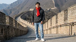 Homme posé sur la Grande Muraille de Chine en tenue casual