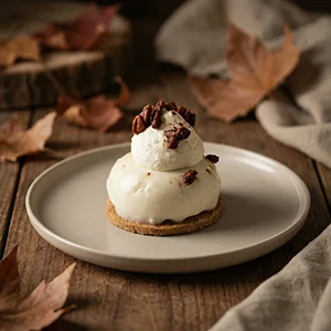 Dessert pâtissier gourmand sur table en bois avec ambiance automnale